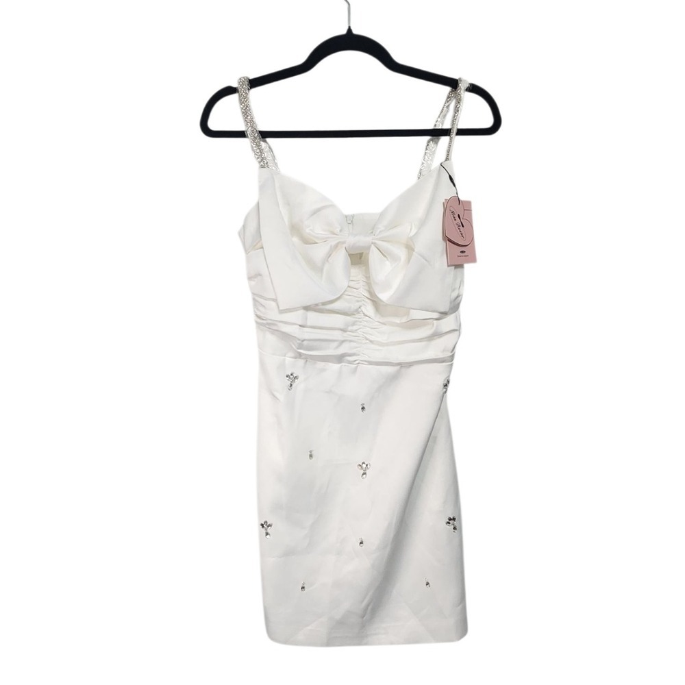 Miss Rosier White Rhinestone Bow Ruched‎ Mini Dress AS IS